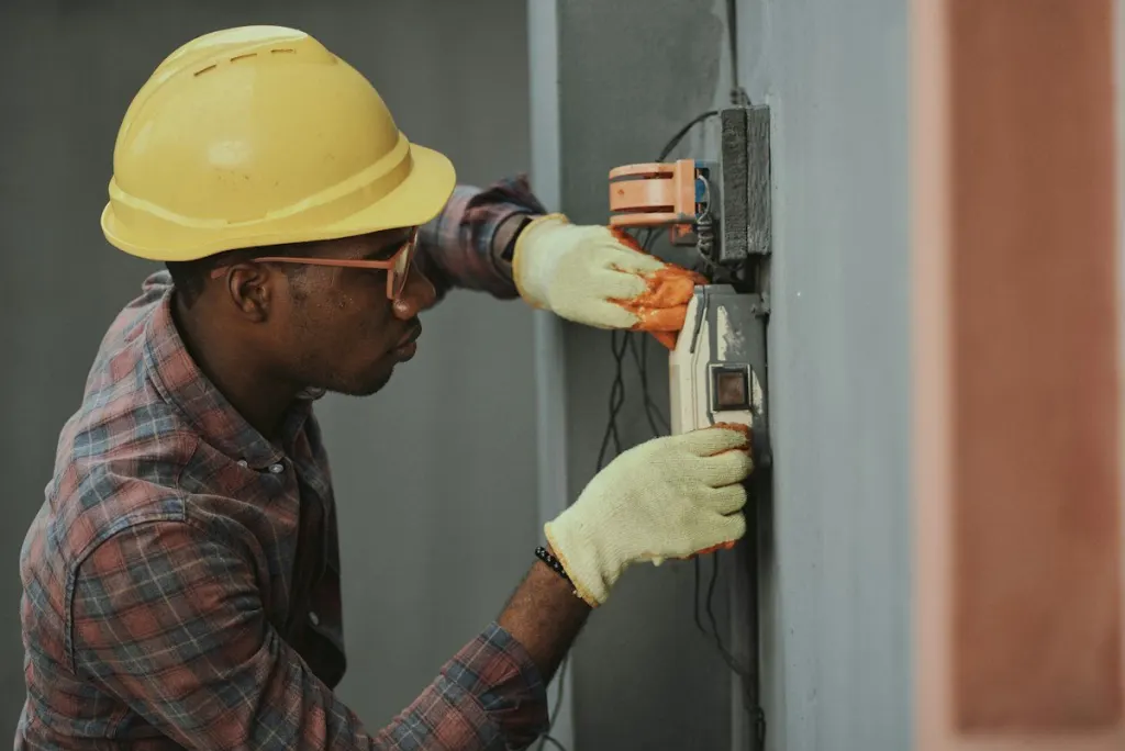 Electrician in a hard hat inspecting an electrical panel