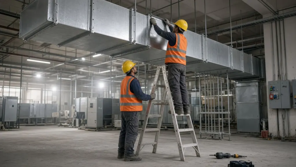 HVAC team installing galvanised ductwork on a commercial project
