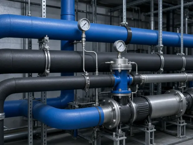 Industrial chilled water plant with insulated pipework