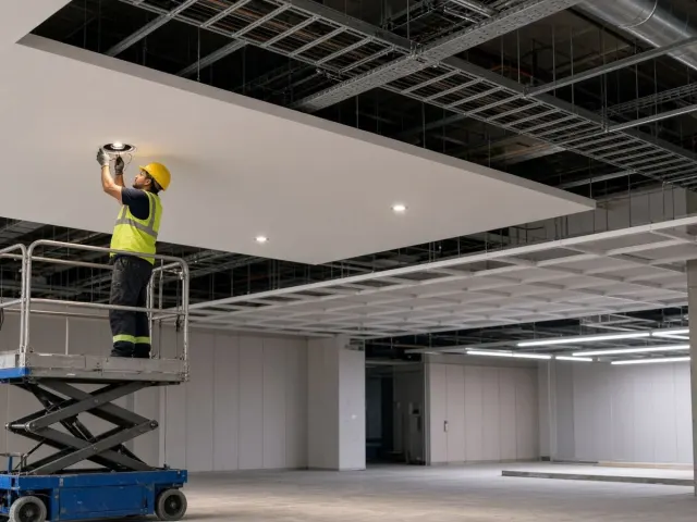 Office tower lighting and power fit-out using scissor lift